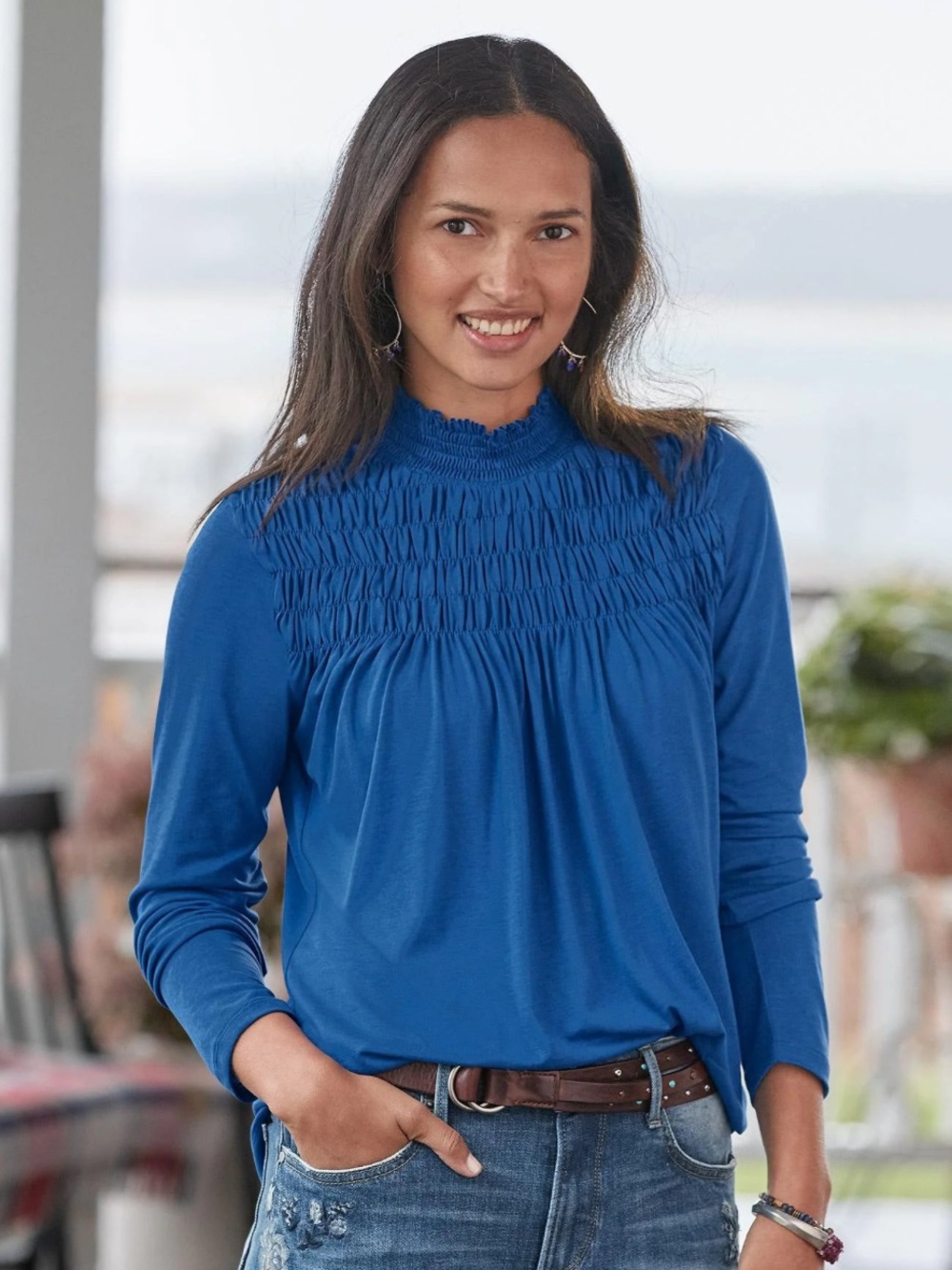 Sundance Gabrielle Dreamer Smocked Mock Neck Top size S
